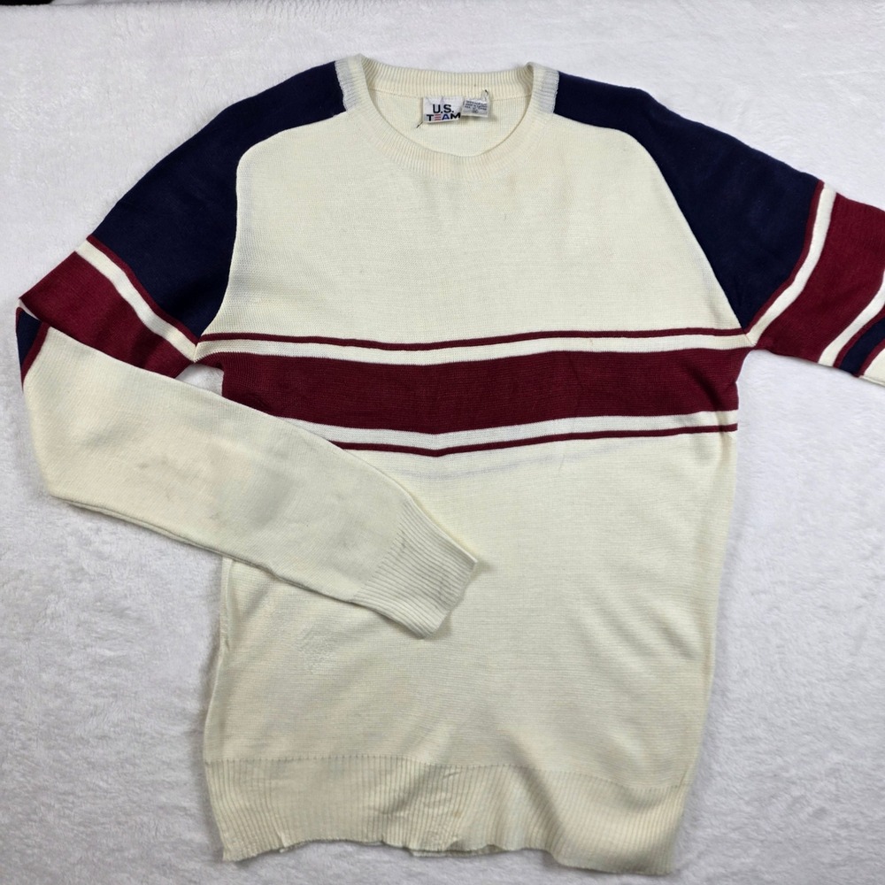U.S. Team Vintage Striped Sweater Mens Medium‎ Cream Navy Burgundy Colorblock